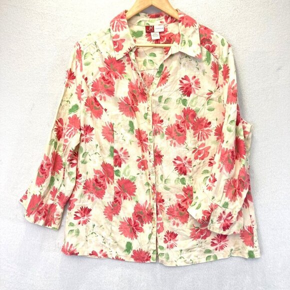 JM Collection 100% Linen Button Up Floral Blouse 18W Pink Easter Bell Sleeve Top - Picture 1 of 13